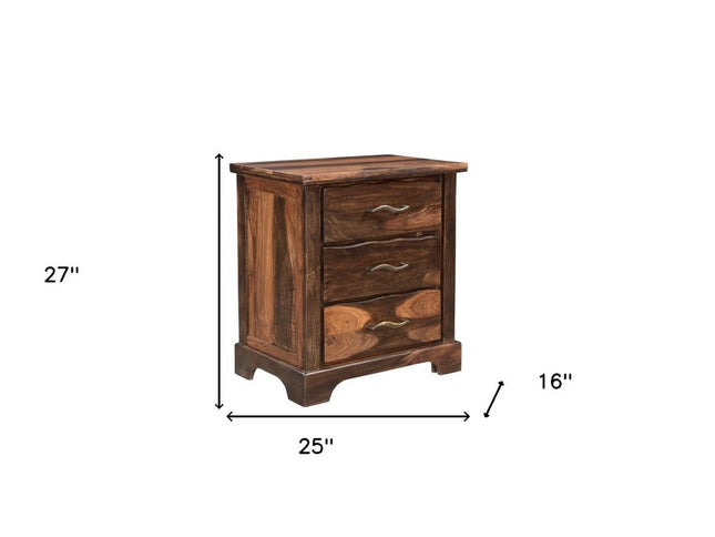 27" Dark Brown Solid Wood Three Drawer Nightstand