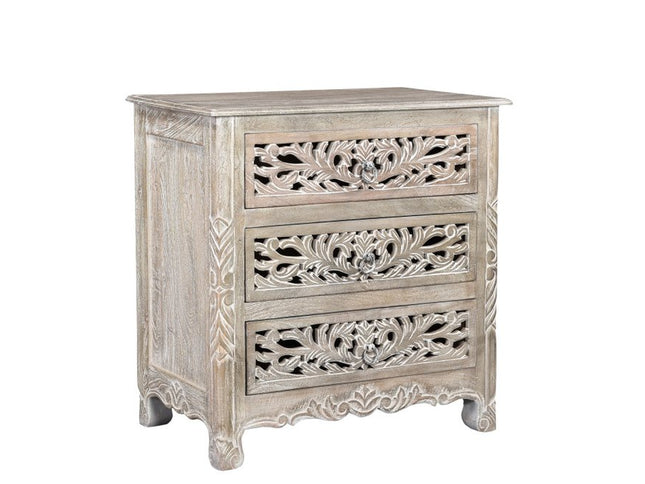 30" Distressed Gray Three Drawer Floral Carved Solid Wood Nightstand
