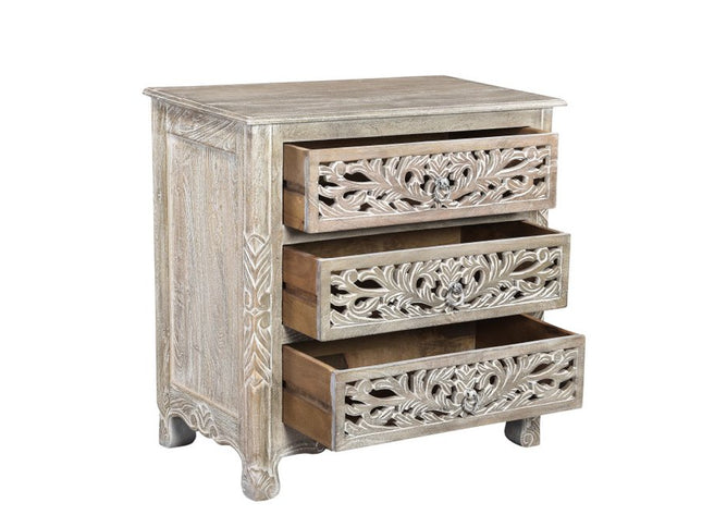 30" Distressed Gray Three Drawer Floral Carved Solid Wood Nightstand