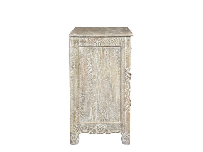 30" Distressed Gray Three Drawer Floral Carved Solid Wood Nightstand