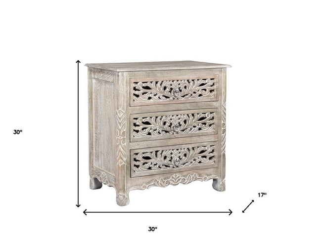 30" Distressed Gray Three Drawer Floral Carved Solid Wood Nightstand