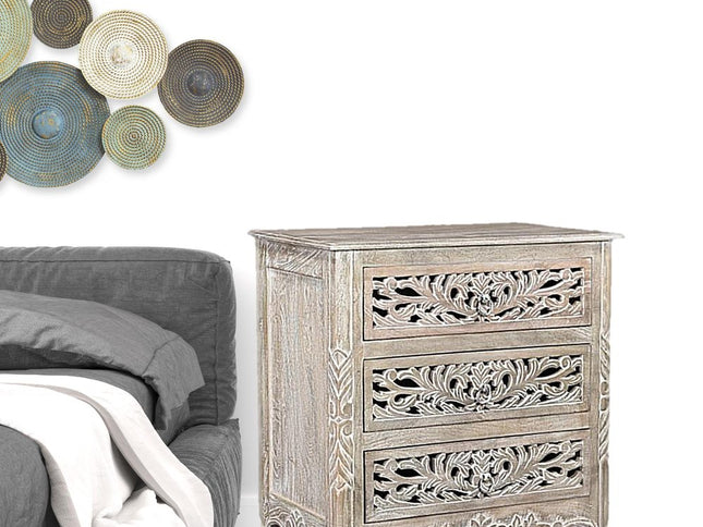 30" Distressed Gray Three Drawer Floral Carved Solid Wood Nightstand