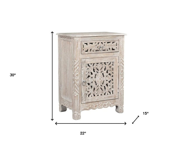 30" Distressed White One Drawer Carved Floral Solid Wood Nightstand