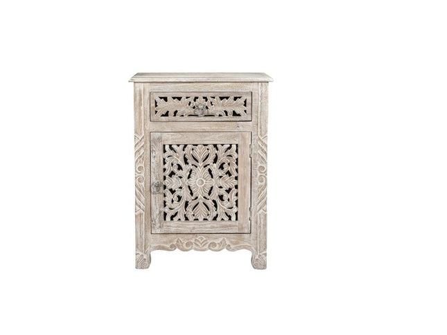 30" Distressed White One Drawer Carved Floral Solid Wood Nightstand