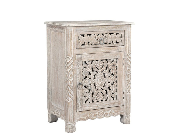 30" Distressed White One Drawer Carved Floral Solid Wood Nightstand