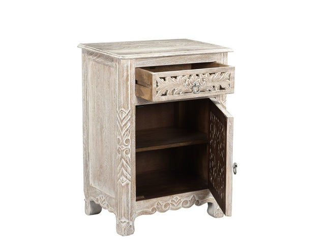 30" Distressed White One Drawer Carved Floral Solid Wood Nightstand
