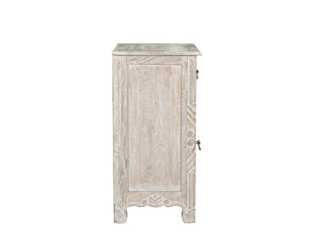 30" Distressed White One Drawer Carved Floral Solid Wood Nightstand