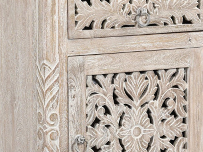 30" Distressed White One Drawer Carved Floral Solid Wood Nightstand