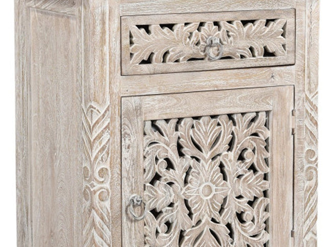 30" Distressed White One Drawer Carved Floral Solid Wood Nightstand