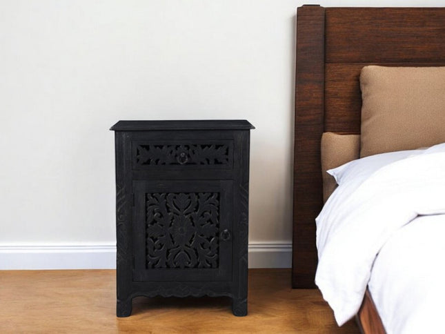 30" Black Solid Wood Distressed One Drawer Nightstand