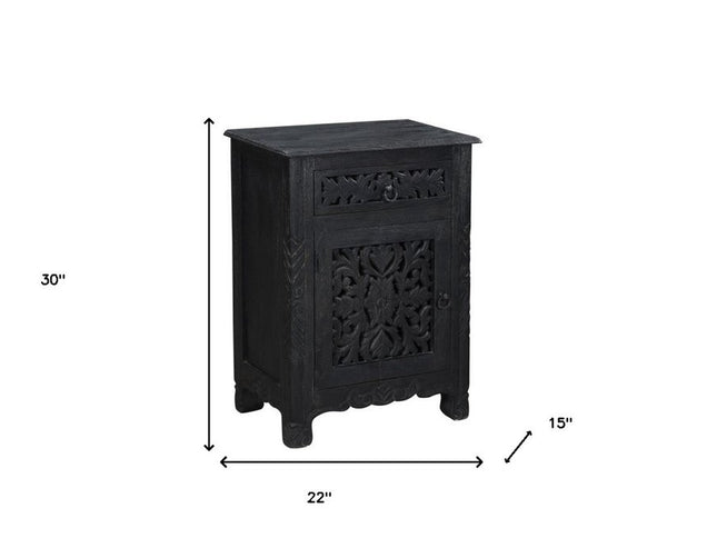 30" Black Solid Wood Distressed One Drawer Nightstand