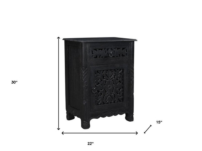 30" Black Solid Wood Distressed One Drawer Nightstand