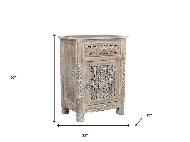 30" Gray Solid Wood Distressed One Drawer Nightstand