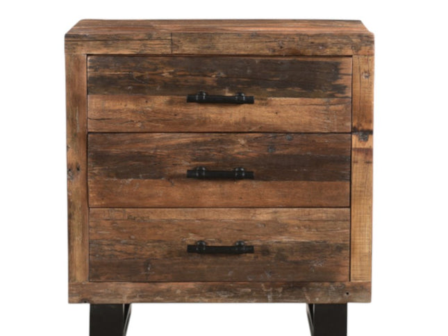 30" Dark Brown Solid Wood Distressed Three Drawer Nightstand