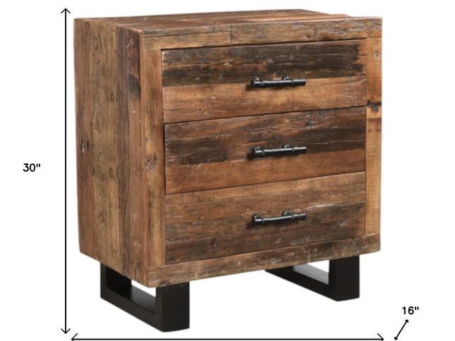 30" Dark Brown Solid Wood Distressed Three Drawer Nightstand