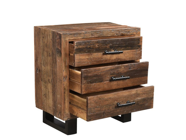 30" Dark Brown Solid Wood Distressed Three Drawer Nightstand