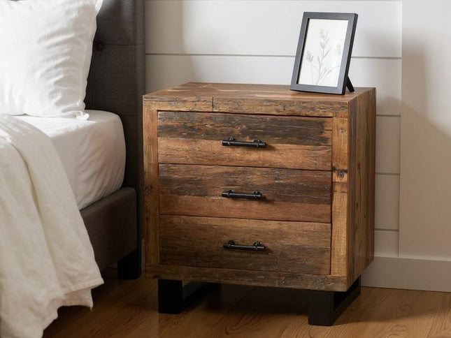 30" Dark Brown Solid Wood Distressed Three Drawer Nightstand