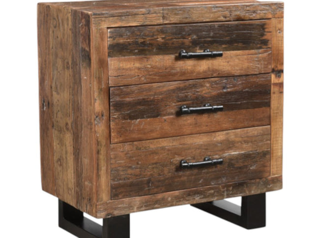 30" Dark Brown Solid Wood Distressed Three Drawer Nightstand