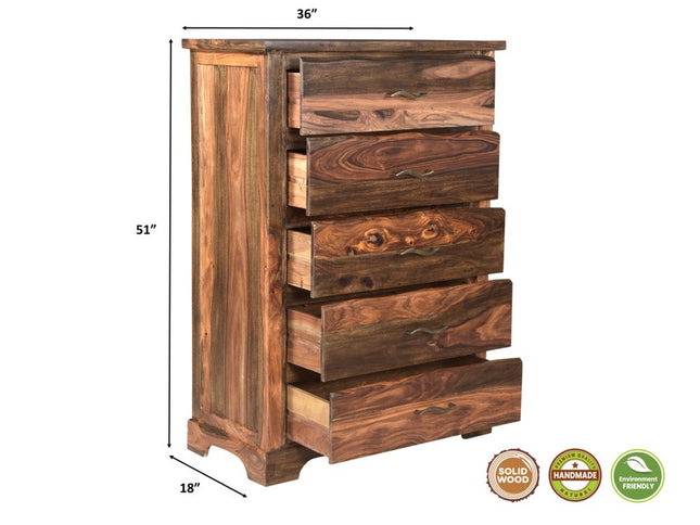 36" Dark Brown Solid Wood Five Drawer Chest
