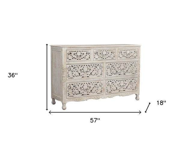 57" White Solid Wood Seven Drawer Dresser