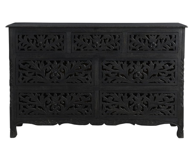 57" Black Solid Wood Seven Drawer Dresser
