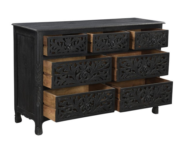 57" Black Solid Wood Seven Drawer Dresser