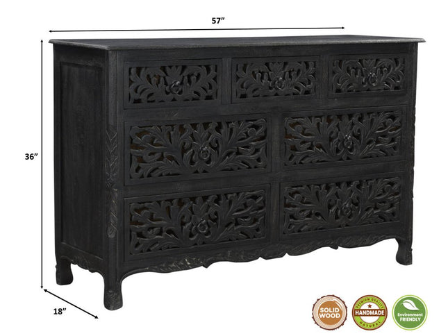 57" Black Solid Wood Seven Drawer Dresser