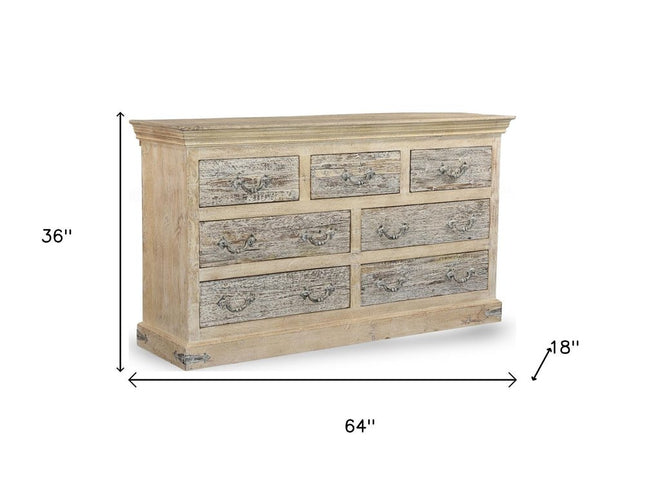64" White Solid Wood Seven Drawer Double Dresser