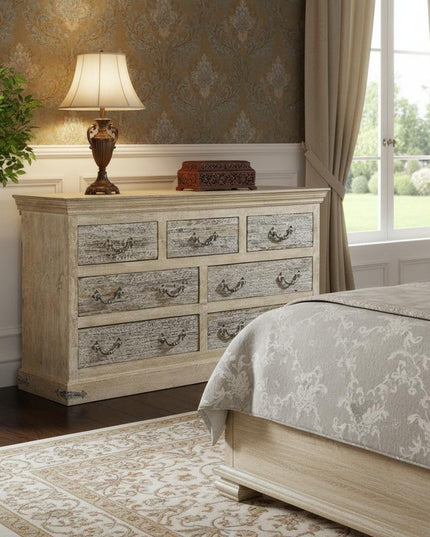 64" White Solid Wood Seven Drawer Double Dresser