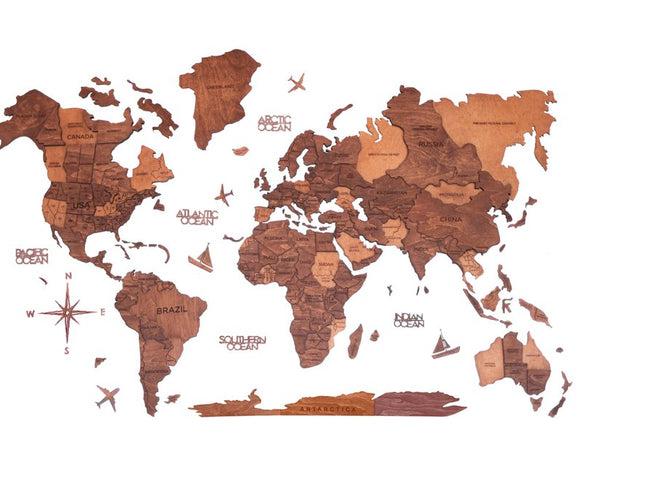 47" X 79" Brown and Tan Wood World Map Hanging Dimensional Sculpture