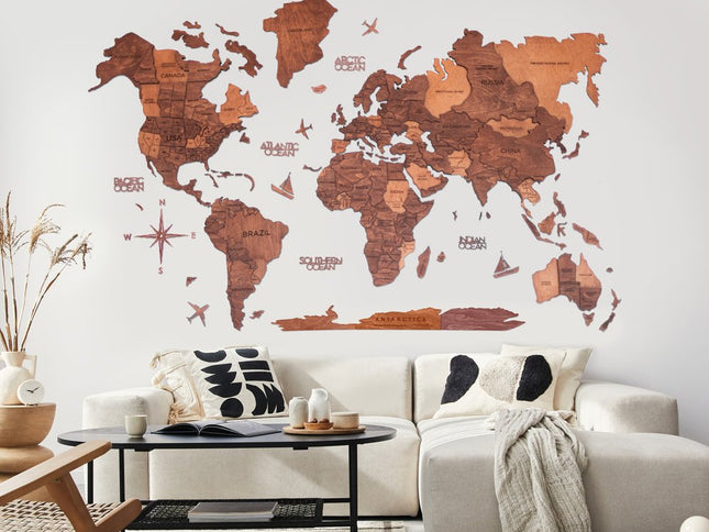 47" X 79" Brown and Tan Wood World Map Hanging Dimensional Sculpture