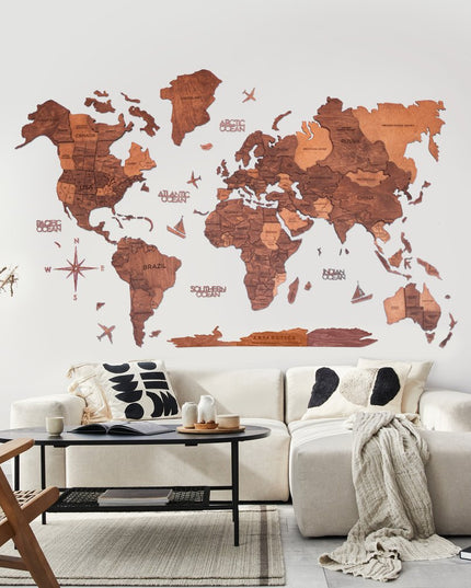 47" X 79" Brown and Tan Wood World Map Hanging Dimensional Sculpture