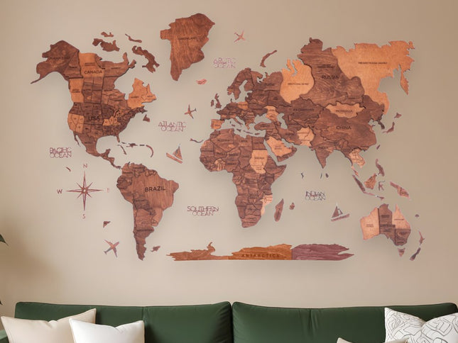 47" X 79" Brown and Tan Wood World Map Hanging Dimensional Sculpture