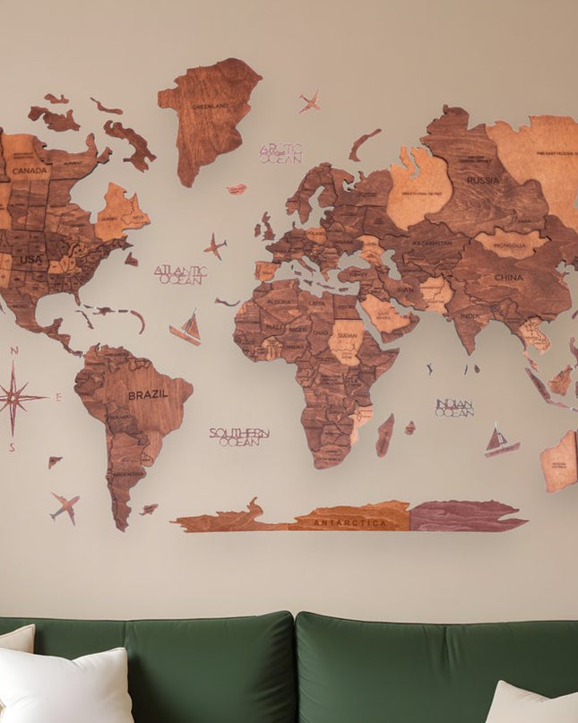 47" X 79" Brown and Tan Wood World Map Hanging Dimensional Sculpture