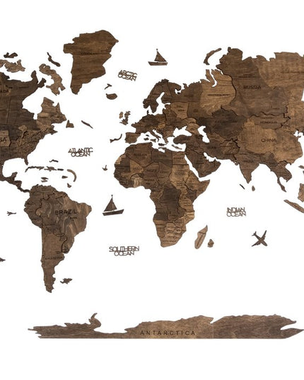 47" X 79" Dark Brown Wood World Map Hanging Dimensional Sculpture