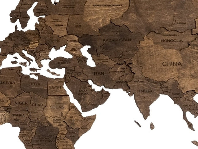 47" X 79" Dark Brown Wood World Map Hanging Dimensional Sculpture