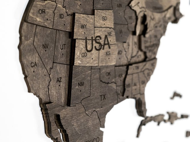 47" X 79" Dark Brown Wood World Map Hanging Dimensional Sculpture