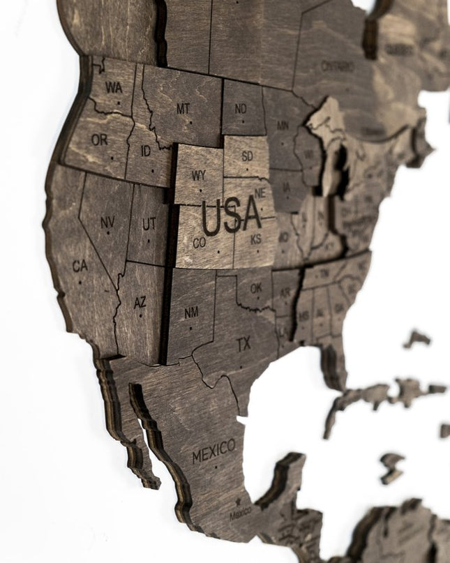 47" X 79" Dark Brown Wood World Map Hanging Dimensional Sculpture