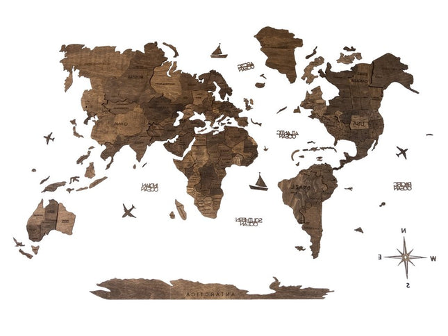 47" X 79" Dark Brown Wood World Map Hanging Dimensional Sculpture