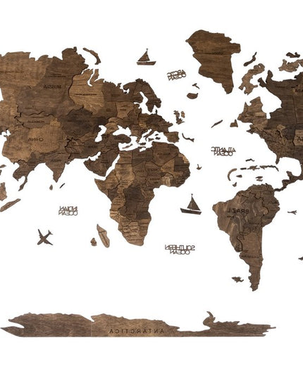 47" X 79" Dark Brown Wood World Map Hanging Dimensional Sculpture