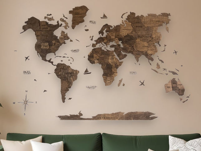 47" X 79" Dark Brown Wood World Map Hanging Dimensional Sculpture