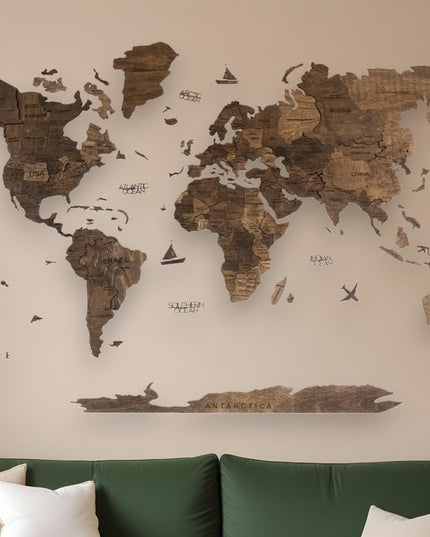 47" X 79" Dark Brown Wood World Map Hanging Dimensional Sculpture