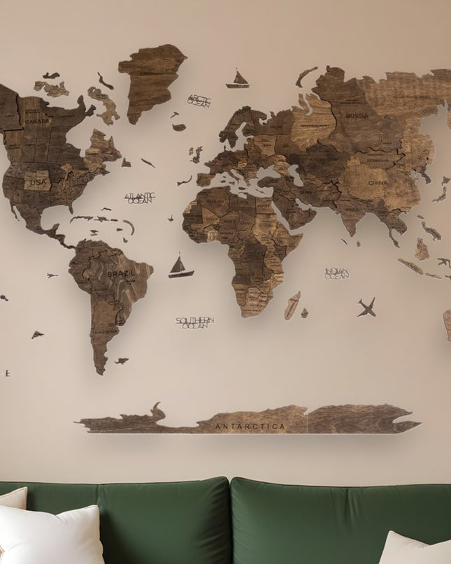 47" X 79" Dark Brown Wood World Map Hanging Dimensional Sculpture