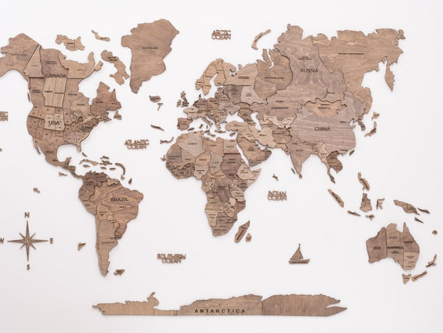 47" X 79" Wood Brown Wood World Map Hanging Dimensional Sculpture