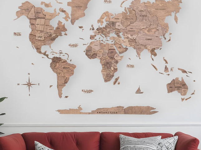 47" X 79" Wood Brown Wood World Map Hanging Dimensional Sculpture