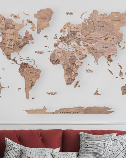 47" X 79" Wood Brown Wood World Map Hanging Dimensional Sculpture
