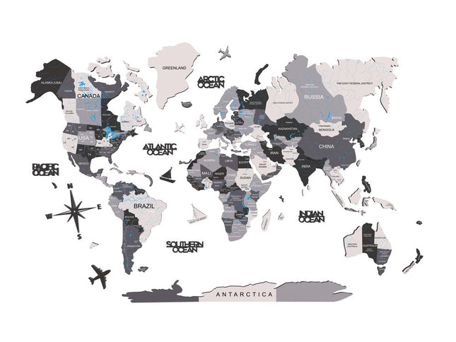 47" X 79" Black Gray and White Wood World Map Hanging Dimensional Sculpture