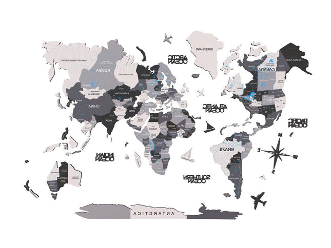 47" X 79" Black Gray and White Wood World Map Hanging Dimensional Sculpture
