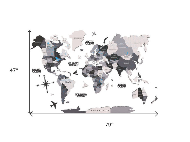 47" X 79" Black Gray and White Wood World Map Hanging Dimensional Sculpture