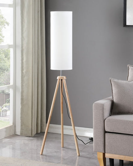 58" Natural Wood Look Tripod Floor Lamp With White Shade